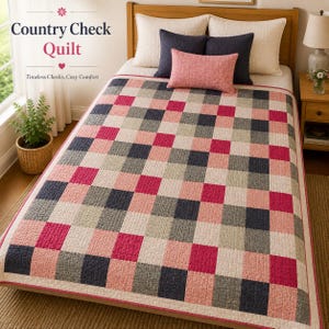 Peut inclure: Une courtepointe avec un motif à carreaux dans des tons de rose, gris foncé et crème. Le lit est décoré de deux grands oreillers crème, deux oreillers carrés gris foncé et un oreiller rectangulaire rose. Le texte indique : Country Check Quilt.