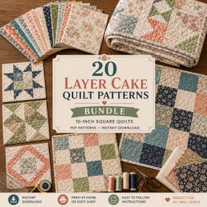 Puede incluir: Una colección de 20 patrones de colchas layer cake con cuadrados de tela florales y geométricos. El paquete incluye instrucciones para colchas cuadradas de 25,4 cm, muestras de tela, muestras terminadas, hilos y tijeras.