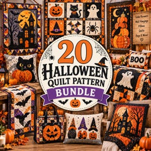 May include: A 20 Halloween Quilt Pattern Bundle featuring various textile designs including quilts, pillows, and bags with motifs of pumpkins, black cats, ghosts, bats, and haunted houses in orange, black, and white color schemes.