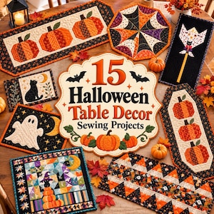 Peut inclure: Une collection de chemins de table et sets matelassés sur le thème d'Halloween avec des citrouilles, des fantômes, des chats noirs et des chauves-souris. Un panneau central affiche le texte 15 Halloween Table Decor Sewing Projects.