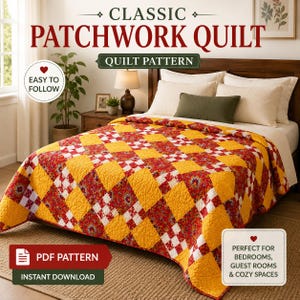 May include: A patchwork quilt featuring a repeating diamond and square pattern in vibrant shades of red, yellow, and white. The quilt is draped over a bed with cream-colored pillows and a dark green bolster pillow, with text reading CLASSIC PATCHWORK QUILT.