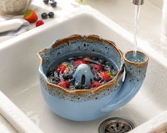 Personalized Engraved Ceramic Berry Bowl with Drain Spout,Handmade Fruit Colander,Vortex Fruit Washing Bowl,Cottagecore Kitchenwar,new home