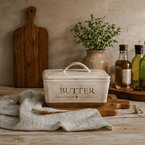 Puede incluir: Una mantequillera rectangular de cerámica con tapa y asa. El recipiente de color blanco roto presenta la palabra BUTTER impresa en letras oscuras, acentuada por un pequeño corazón y líneas horizontales. La base tiene un borde marrón y la tapa un asa.