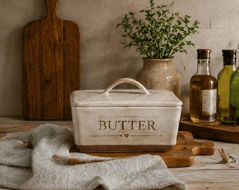 Housewarming Gift, Personalized Ceramic Butter Dish with Lid, Custom Butter Keeper, Stoneware Pottery, Rustic Kitchen Decor, Halloween