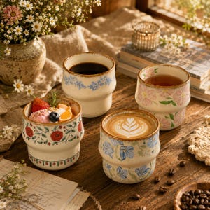 May include: Four ceramic mugs with a stepped, stackable design. One mug contains fruit and cream, one holds black coffee, one holds tea, and one features latte art. Each mug is decorated with distinct floral patterns in blue, pink, and red.