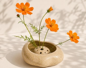 Personalized Engraved Ikebana Ceramic Bowl with Pin Frog,Handmade Japanese Wabi Sabi Ceramic Vase,Minimalist Low Stone Flower Vase,New home
