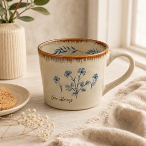 Może przedstawiać: Kremowy kubek ceramiczny z brązowym szkliwionym brzegiem, ozdobiony niebieską ilustracją kwiatową oraz napisem "Love Always" z przodu. Kubek posiada solidne ucho i gładkie wykończenie, a wewnątrz widoczne są dodatkowe niebieskie wzory liści.