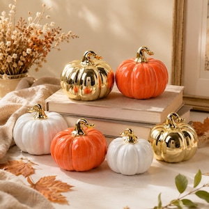 Può includere: Una collezione di sei zucche decorative di varie dimensioni e finiture, tra cui arancione lucido, bianco solido e oro metallizzato riflettente. Ogni zucca presenta una forma liscia e arrotondata con scanalature verticali.