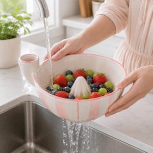 Könnte beinhalten: Eine Keramikschale mit rosa-weiß gestreifter Außenseite und einem zentralen Presskegel, gefüllt mit frischen Erdbeeren und Blaubeeren, die unter einem Wasserhahn abgespült werden. Die Schale hat einen kleinen seitlichen Ausguss.