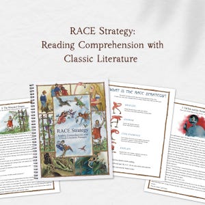 May include: A spiral-bound educational workbook titled RACE Strategy: Reading Comprehension with Classic Literature. The cover features a collage of classic storybook illustrations, and the interior pages explain the RACE strategy with text.