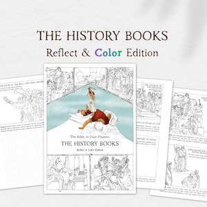May include: A coloring book titled The Bible in Four Frames: The History Books Reflect & Color Edition. The cover features a central illustration of a figure standing over another, with surrounding pages showing black and white line art illustrations.