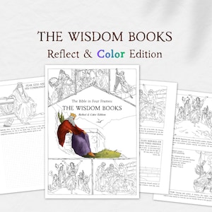 Könnte beinhalten: Ein Malbuch mit dem Titel The Wisdom Books Reflect & Color Edition mit schwarz-weißen Strichzeichnungen biblischer Szenen. Das Cover zeigt ein zentrales farbiges Bild eines Königs, der auf einer Steinmauer sitzt, mit Text.