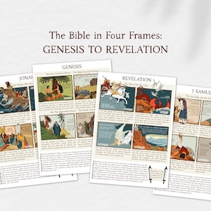 May include: A set of four educational posters titled The Bible in Four Frames: Genesis to Revelation. Each poster features multiple illustrated panels with captions detailing biblical narratives from Genesis, Jonah, Revelation, and 1 Samuel.