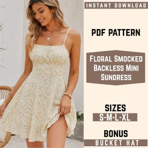 Może przedstawiać: Wzór PDF na sukienkę letnią mini bez pleców w kwiaty z marszczonym gorsetem oraz kapelusz typu bucket hat. Tekst: INSTANT DOWNLOAD, PDF PATTERN, FLORAL SMOCKED BACKLESS MINI SUNDRESS, SIZES S-M-L-XL, BONUS, BUCKET HAT. Jasnożółta sukienka w drobne niebieskie kwiatki.