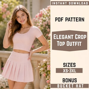 Crop Top & Pleated Skirt Sewing Pattern, Women’s Two Piece PDF Pattern, XS-3XL, A4 A0 Letter, Bonus Hat, Instant Download
