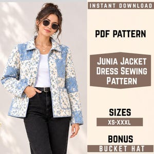 May include: A quilted jacket featuring a patchwork design of blue and white floral patterns and solid light blue panels. The text on the right reads: INSTANT DOWNLOAD, PDF PATTERN, JUNIA JACKET DRESS SEWING PATTERN, SIZES XS-XXXL, BONUS BUCKET HAT.