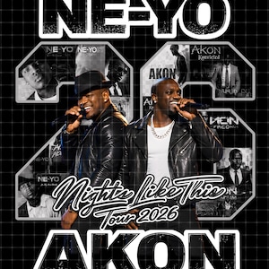 Puede incluir: Un diseño gráfico con Ne-Yo y Akon con el texto NE-YO, AKON y Nights Like This Tour 2026. La imagen incluye varios retratos en blanco y negro de ambos artistas, sobre un fondo de cuadrícula oscuro con letras blancas llamativas.