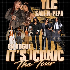 Puede incluir: Un cartel promocional para la gira It's Iconic de TLC, Salt-N-Pepa y En Vogue. La imagen muestra a ocho personas con diversos atuendos elegantes, incluyendo blazers, pantalones y faldas, sobre un fondo negro con texto en color dorado.