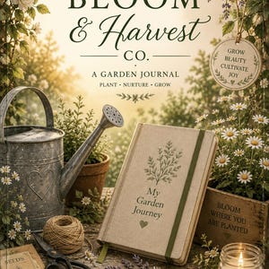 May include: A garden journal with a beige fabric cover featuring a green plant illustration and the text My Garden Journey. The journal is surrounded by a metal watering can, a ball of twine, scissors, a candle, and a wooden crate with text.