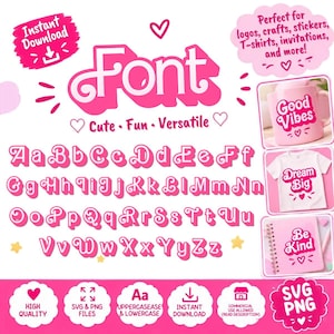Puede incluir: Un conjunto de fuentes digitales con letras rosas estilo burbuja en mayúsculas y minúsculas de la A a la Z. La imagen muestra ejemplos en una taza con Good Vibes, una camiseta con Dream Big y un cuaderno con el texto Be Kind.