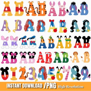 May include: A digital collection of alphabet letters and numbers zero through nine, each stylized with colors and patterns inspired by various cartoon characters, including animal ears, bows, hair, and clothing motifs, presented on a white background.