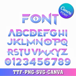 Peut inclure: Un ensemble numérique d'alphabet et de chiffres présentant un dégradé de couleurs allant du rose au bleu. Les caractères affichent une police stylisée et angulaire avec des accents en forme de losange dans les lettres O et A. Texte TTF-PNG-SVG-CANVA.