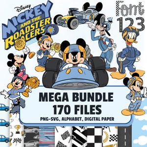 Puede incluir: Un paquete gráfico digital con personajes de Disney Mickey y los Superpilotos, incluyendo a Mickey, Minnie, Goofy y Donald con ropa de carreras. La imagen muestra coches de carreras, trofeos, banderas a cuadros y el texto Mega Bundle 170 Files.