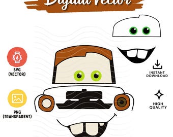 Puede incluir: Un gráfico vectorial digital que muestra la cara de una grúa de dibujos animados con cabello castaño, ojos verdes y una amplia sonrisa con dos dientes frontales. El diseño incluye elementos separados para los ojos, la boca y el frente del camión, con texto que incluye Digital Vector, SVG, PNG, Instant Download y High Quality.