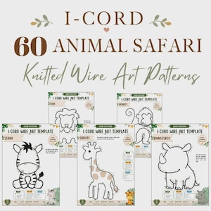 Könnte beinhalten: Eine Sammlung von I-CORD 60 ANIMAL SAFARI Knitted Wire Art Vorlagen mit Mustern für ein Zebra, eine Giraffe, ein Nashorn, einen Löwen und einen Affen. Jede Seite zeigt eine schwarz-weiße Strichzeichnung eines Tieres mit nummerierten Punkten.