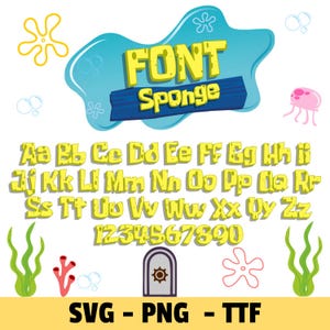 May include: A digital font set titled FONT SPONGE featuring yellow, porous-textured letters and numbers from A to Z and 0 to 9. The design includes blue aquatic shapes, pink jellyfish, green seaweed, and a brown door icon with a ship wheel.