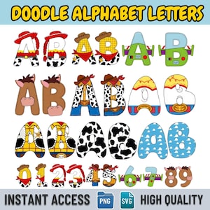 Letras del alfabeto estilo doodle, paquete completo y divertido, archivos digitales PNG y SVG, letras del alfabeto inspiradas en Toy Story (descarga digital)
