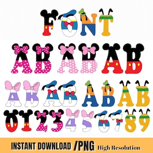 May include: A digital alphabet and number set featuring character-themed designs. Letters and numbers are styled with iconic ears, bows, hats, and color schemes including red, yellow, blue, pink, and purple. Text at the bottom reads INSTANT DOWNLOAD /PNG.