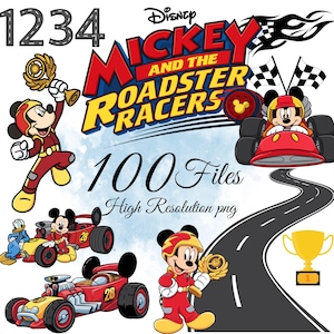 Könnte beinhalten: Eine digitale Grafiksammlung mit Disney Mickey and the Roadster Racers, Charakteren in Rennkleidung, roten Rennwagen, Zielflaggen, einem goldenen Pokal und einer kurvigen Straße. Der Text lautet 1234, Mickey and the Roadster Racers, 100 Files und High Resolution png.