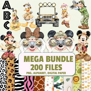 Puede incluir: Una colección gráfica digital con personajes de dibujos animados en ropa de safari, un jeep y patrones de estampado animal. El texto dice A, B, C, y MEGA BUNDLE 200 FILES PNG, ALPHABET, DIGITAL PAPER. Incluye ilustraciones de animales y equipo.