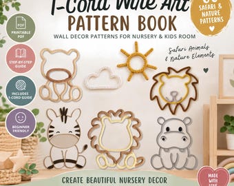 May include: A digital pattern book titled I-Cord Wire Art Pattern Book Vol. 1 featuring 60 safari and nature designs. The cover displays wire-formed shapes of a bear, cloud, sun, lion, zebra, and hippo, with icons for PDF, guide, and skill level.