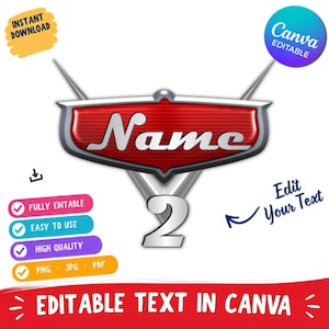 May include: A digital graphic featuring a red, shield-shaped emblem with horizontal lines and the silver text Name above a silver number 2. The design includes text labels for instant download, Canva editable, and editable text in Canva.