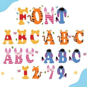 May include: A digital alphabet and number set featuring characters styled after cartoon animals. The letters and numbers incorporate colors, patterns, and features like ears, tails, and manes, accented by small butterflies and green leaves.