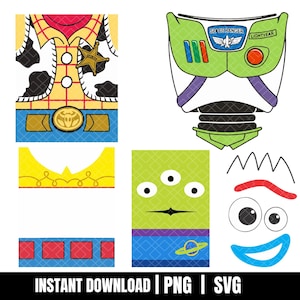 May include: A digital graphic set featuring character-inspired designs including a yellow plaid sheriff shirt with a star badge, a green and white space ranger chest plate, a three-eyed green alien, and a white face with red eyebrows and blue mouth.