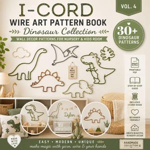 Pode incluir: Um livro de padrões de arte em arame I-CORD VOL. 4 Coleção Dinossauros com mais de 30 designs para decoração de parede. A capa exibe várias formas de dinossauros feitas de arame, um ícone de PDF imprimível e um guia passo a passo.