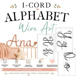 Può includere: Una guida digitale per I-CORD ALPHABET Wire Art con il nome Ana realizzato in filo metallico rivestito di lana rosa, un cuscino a forma di stella e diagrammi didattici con frecce che mostrano la formazione delle lettere e icone.