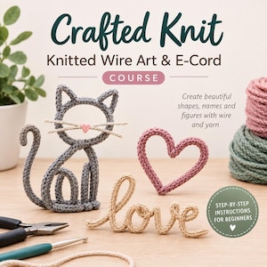 Peut inclure: Un cours de Crafted Knit Knitted Wire Art & E-Cord avec un chat en fil gris, un cœur en fil rose et le mot love en fil beige. Inclut des pinces, un crochet et le texte : Create beautiful shapes, names and figures with wire and yarn.