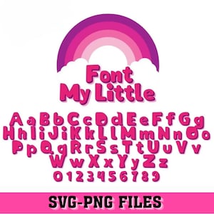 Puede incluir: Un conjunto de fuentes digitales titulado Font My Little que presenta un gráfico de arcoíris rosa con nubes blancas. La pantalla incluye letras mayúsculas y minúsculas de la A a la Z y números del 0 al 9 en una tipografía rosa, negrita y redondeada.