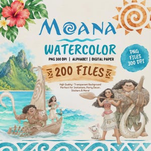 以下が含まれることがあります： Moanaの水彩画グラフィックのデジタルコレクションで、300 DPIのPNGファイルが200点含まれています。イラストにはモアナ、マウイ、ボート、熱帯の花、太陽が描かれており、Moana Watercolorおよび200 Filesというテキストが表示されています。