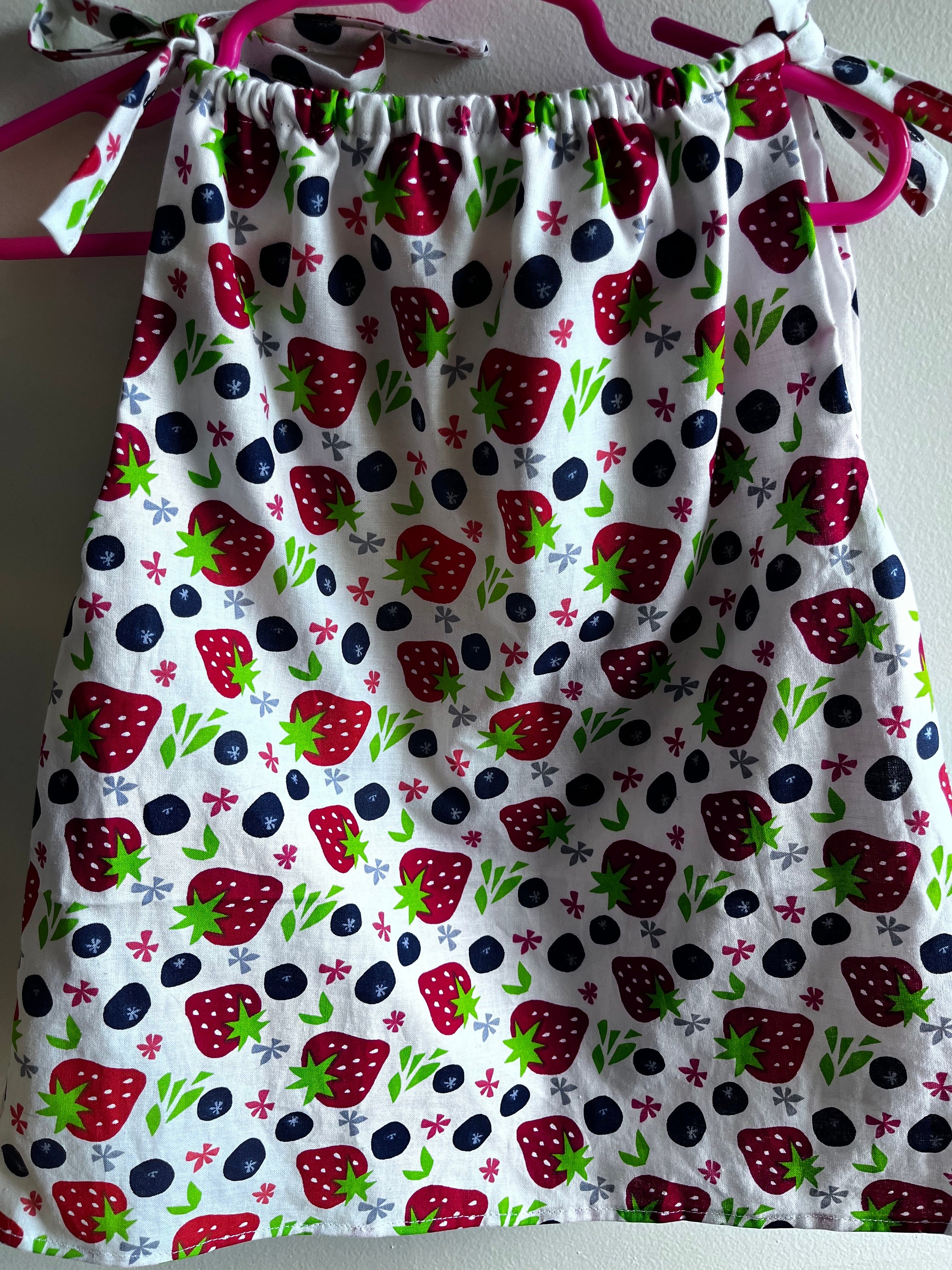 Lined Infant or Toddler Dress or Tunic Size 2T-4T White Background with Strawberries and Blueberries Print Fabric