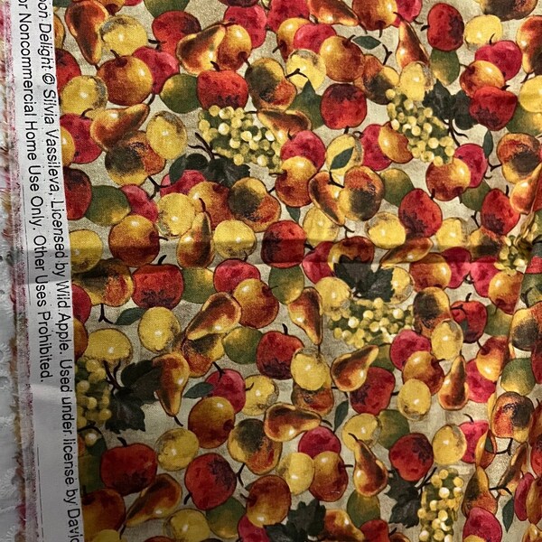 DESTASH Fabric One Yard by 44” Afternoon Delight by Silvia Vassileva for Wild Apple David Textiles Tan Background Red, Gold,Green and Orange