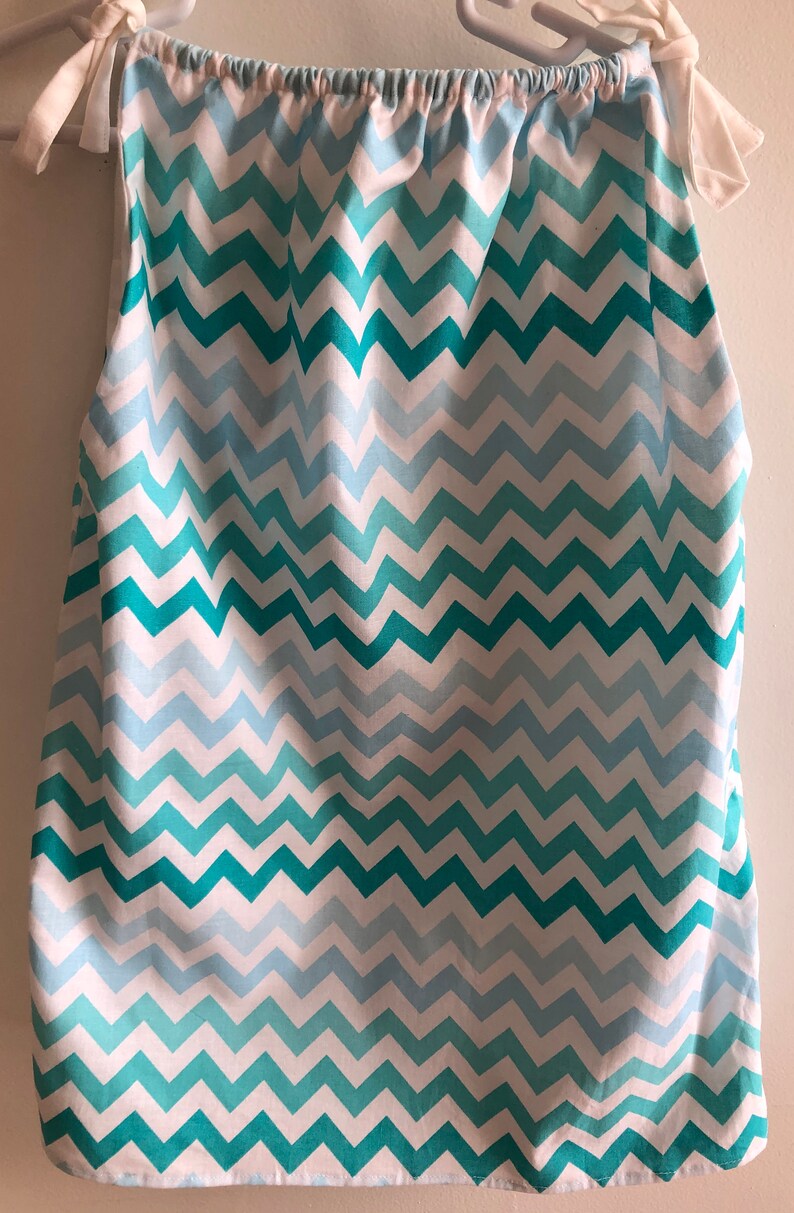 Lined Toddler or Preschooler Dress or Tunic in Size 3T to 5T Fabric Shades of Aqua Bluish Green and White Chevron Print Pillowcase Look