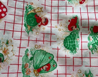 SALE! DESTASH Fabric One Yard by 44 Inches Red Gridwork Shades of Green Nature, Mushroom & Elf Decor Poly Cotton Blend Springs Mills