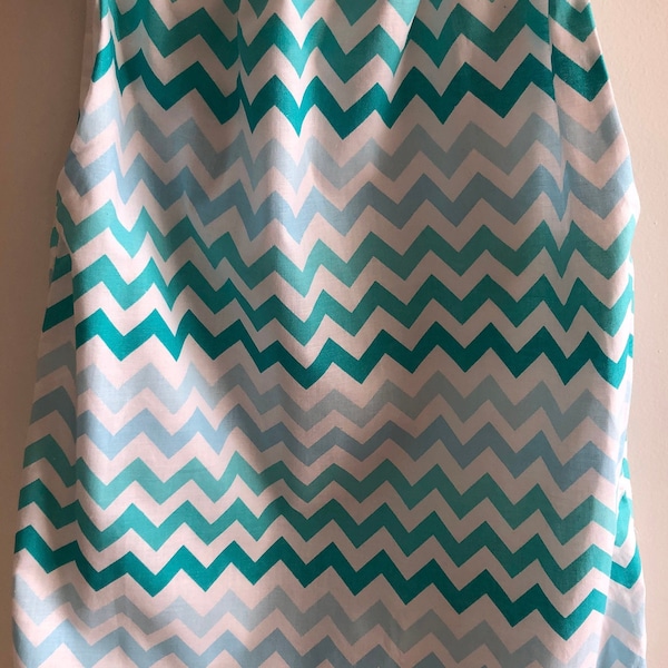 Lined Toddler or Preschooler Dress or Tunic in Size 3T to 5T Fabric Shades of Aqua Bluish Green and White Chevron Print Pillowcase Look