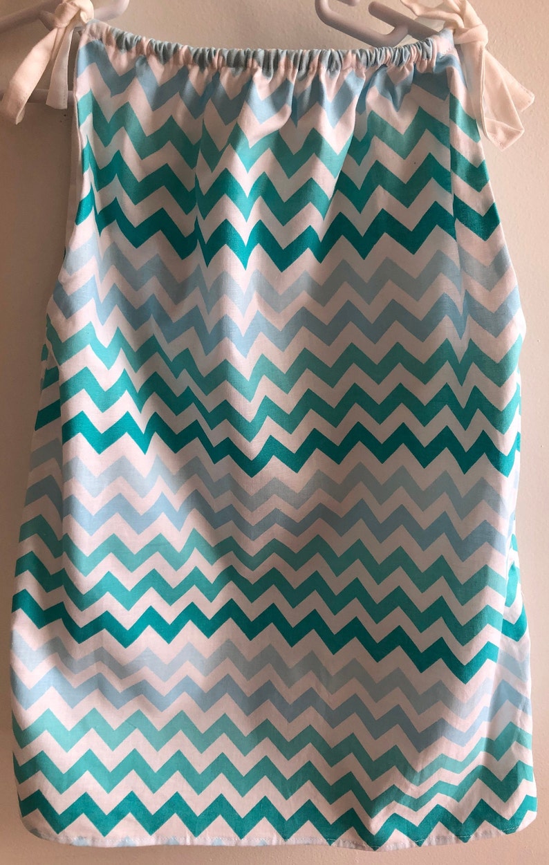Lined Toddler or Preschooler Dress or Tunic in Size 3T to 5T Fabric Shades of Aqua Bluish Green and White Chevron Print Pillowcase Look