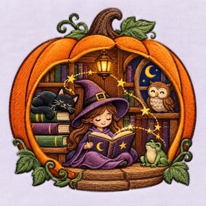 Halloween Witch Pumpkin Library Black Cat Owl Frog Magical Book Machine Embroidery Design File